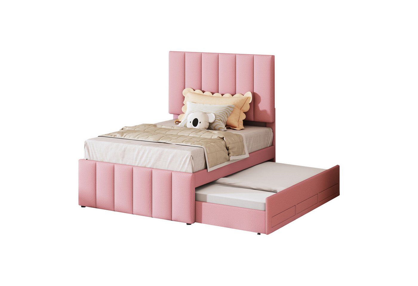 HAUSS SPOLE Polsterbett 90 x 200 cm mit Rollbett und 3 Schubladen, Leinen, Rosa von HAUSS SPOLE