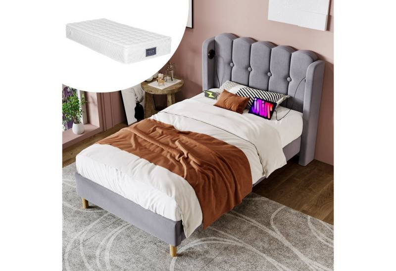 HAUSS SPOLE Polsterbett 90 x 200 cm mit USB Typ C Ladefunktion Leinen Grau (Mit Matratze) von HAUSS SPOLE