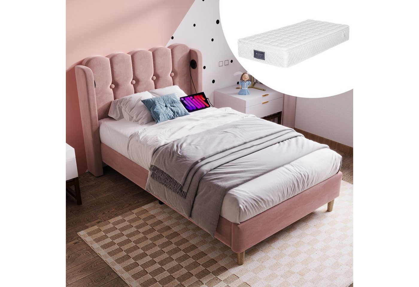 HAUSS SPOLE Polsterbett 90 x 200 cm mit USB Typ C Ladefunktion Samt Rosa (Mit Matratze) von HAUSS SPOLE