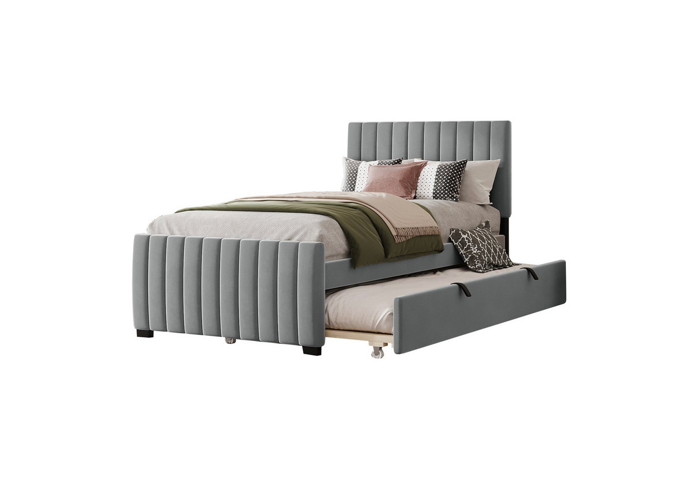 HAUSS SPOLE Polsterbett 90x190 cm mit Ausziehbett 90x190 Samtstoff Kinderbett Jugendbett Grau (90 x 190 cm), ohne Matratze von HAUSS SPOLE