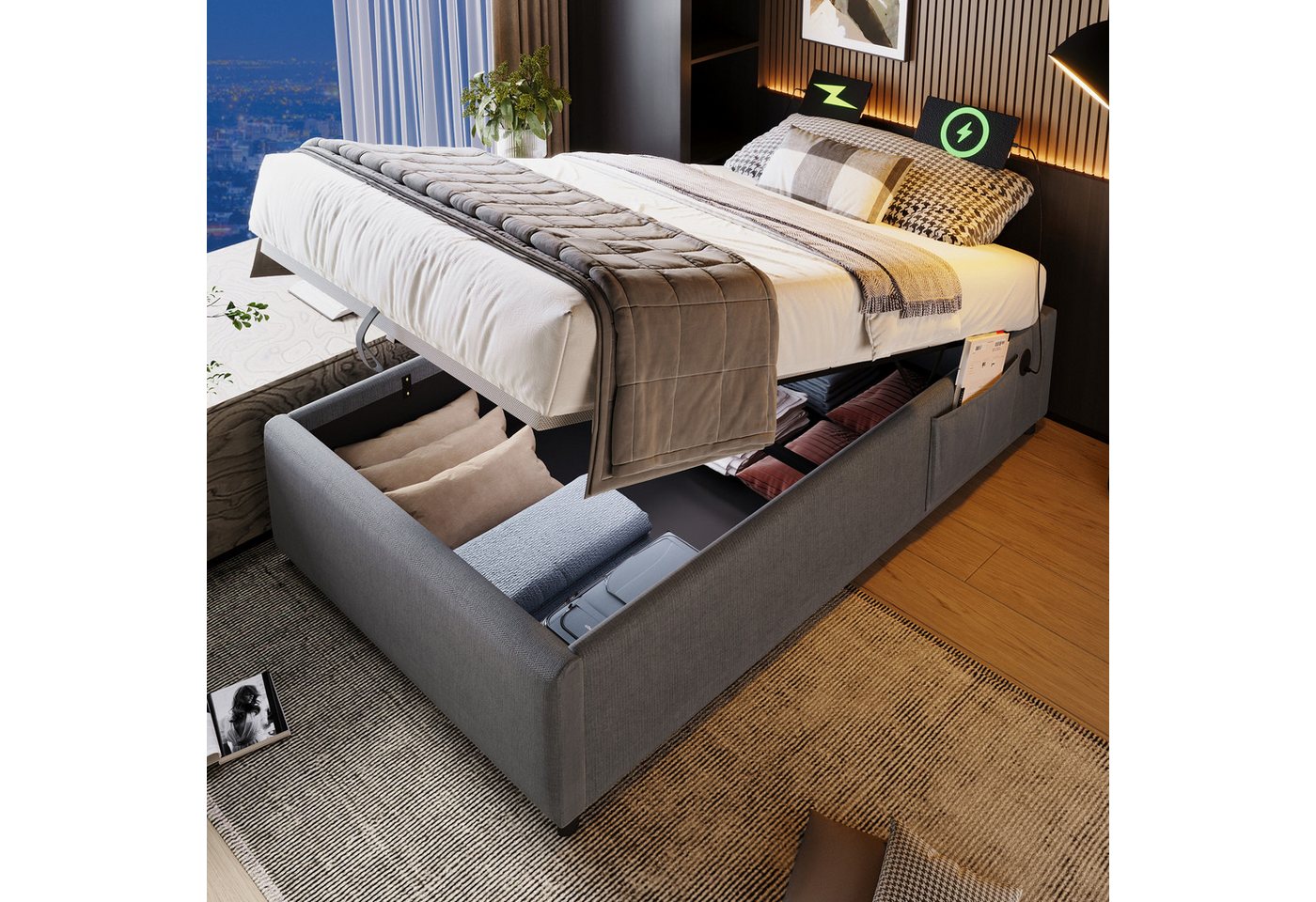 HAUSS SPOLE Polsterbett 90×190cm mit USB- C, Vollflächiger Lattenrost, Ohne Kopfteil Baumwolle (Funktionsbett, Struraumbett Hydraulisch mit Bettkasten, 1-tlg., 90x190 cm, ohne Matratze), mit USB- C, Seitentasche und Vollflächiger Lattenrost von HAUSS SPOLE