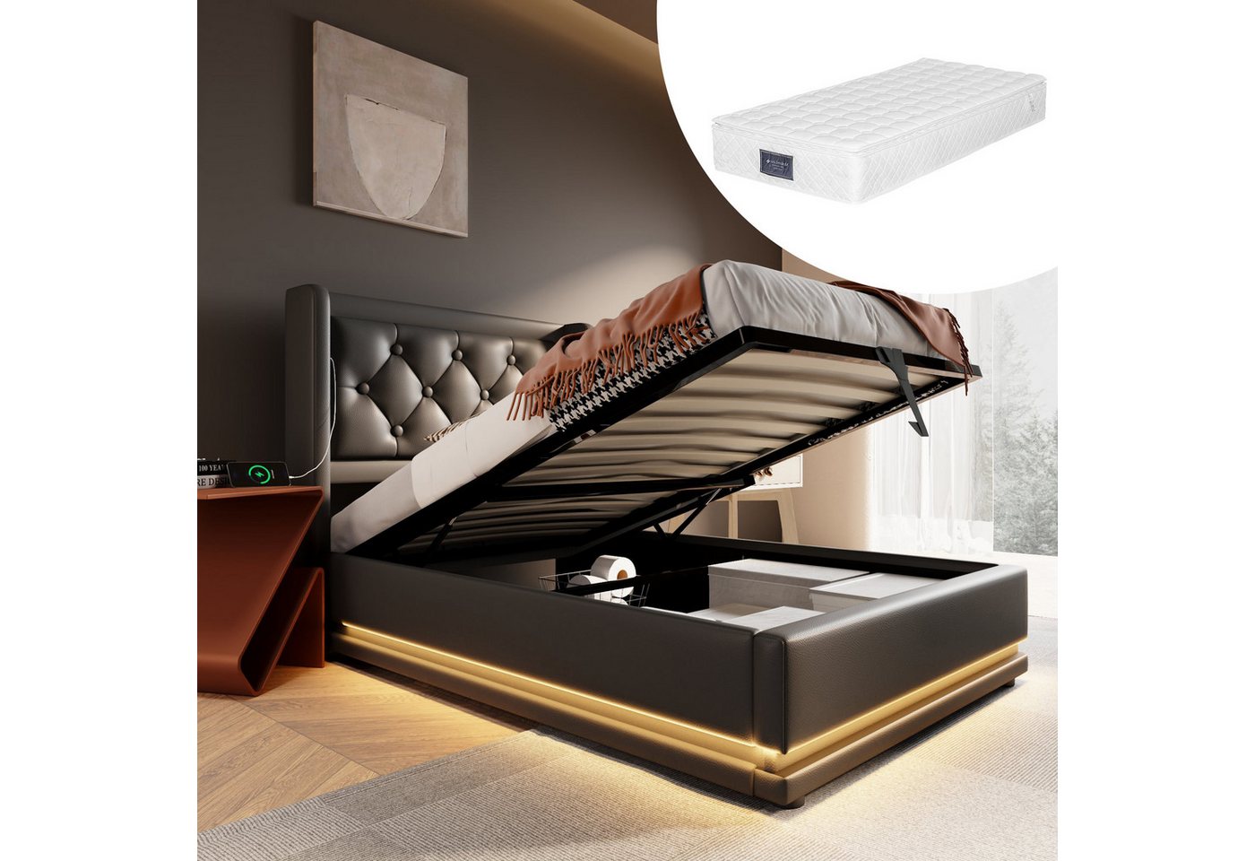 HAUSS SPOLE Polsterbett 90x200 Hydraulisches Stauraum mit Ladefunktion, Weiß mit Matratze (mit Bettkasten, 2-tlg., mit Matratze, 90*200cm), mit USB Typ-C Ladefunktion, 3-seitige LED-Funktion von HAUSS SPOLE