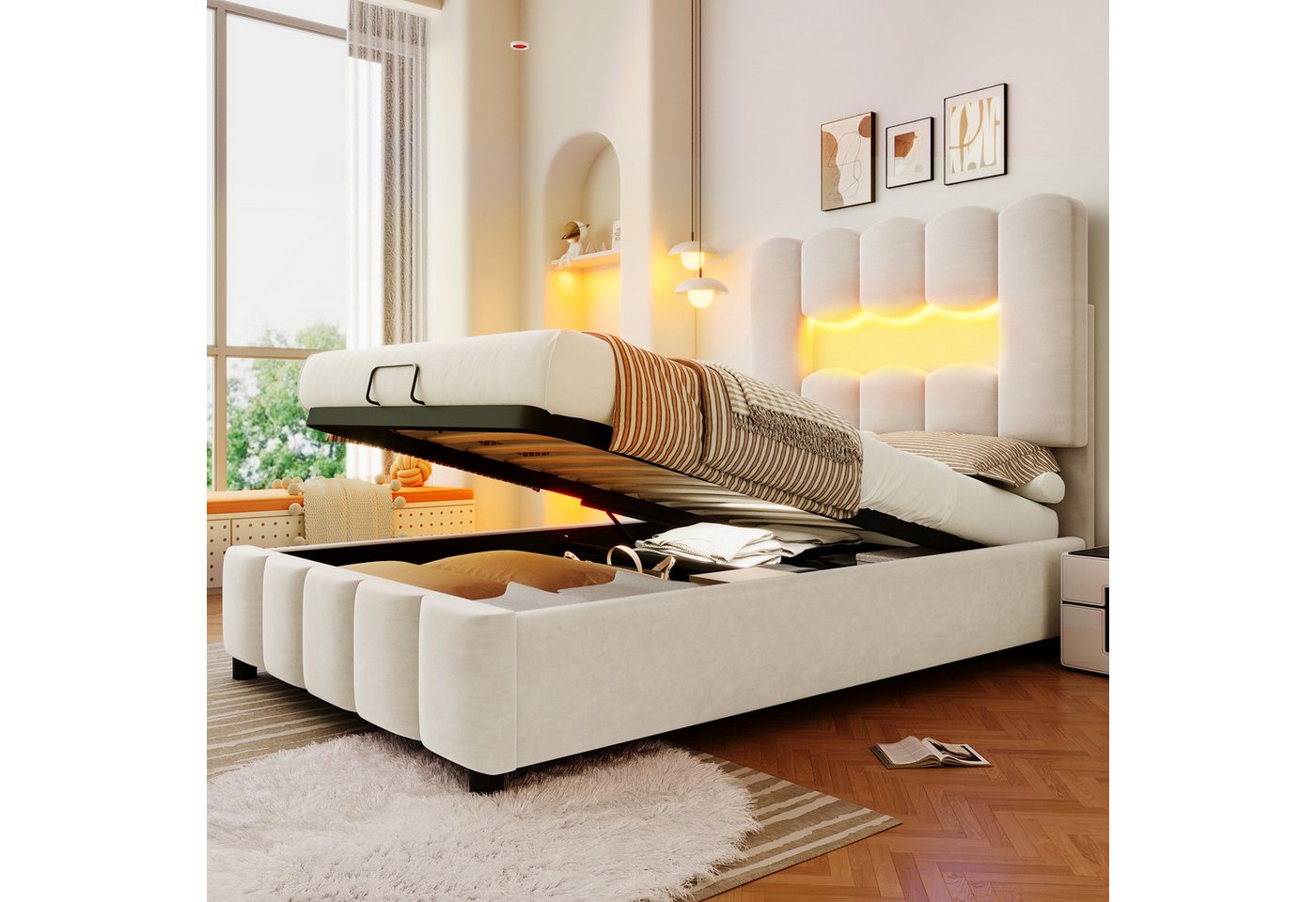 HAUSS SPOLE Polsterbett 90x200 mit Bettkasten,Stauraumbett Jugendbett mit LED-Beleuchtung,Samt (LED-Beleuchtung, Hydraulischer Stauraum, Verstellbares Kopfteil, Samt, 90x200 cm), ohne Matratze von HAUSS SPOLE