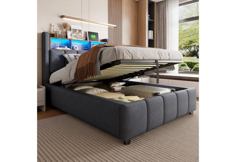 HAUSS SPOLE Polsterbett 90x200 mit LED-Beleuchtung, USB-Anschluss, Ablageflächen Leinen Grau (mit Kopfteil Einlegeböden, mit LED-Beleuchtung & USB-Anschluss, 90 x 200 cm), ohne Matratze von HAUSS SPOLE