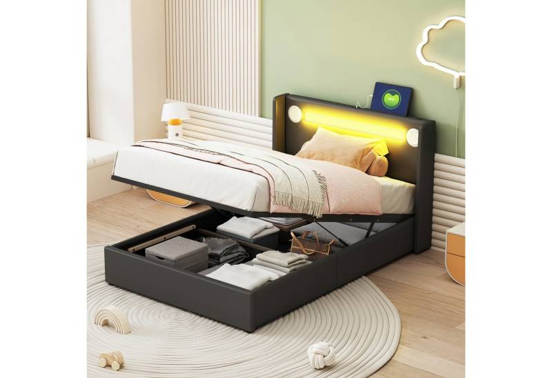 HAUSS SPOLE Polsterbett 90x200 mit LED-Lichtleiste, Bluetooth-Player und USB-Aufladung schwarz von HAUSS SPOLE