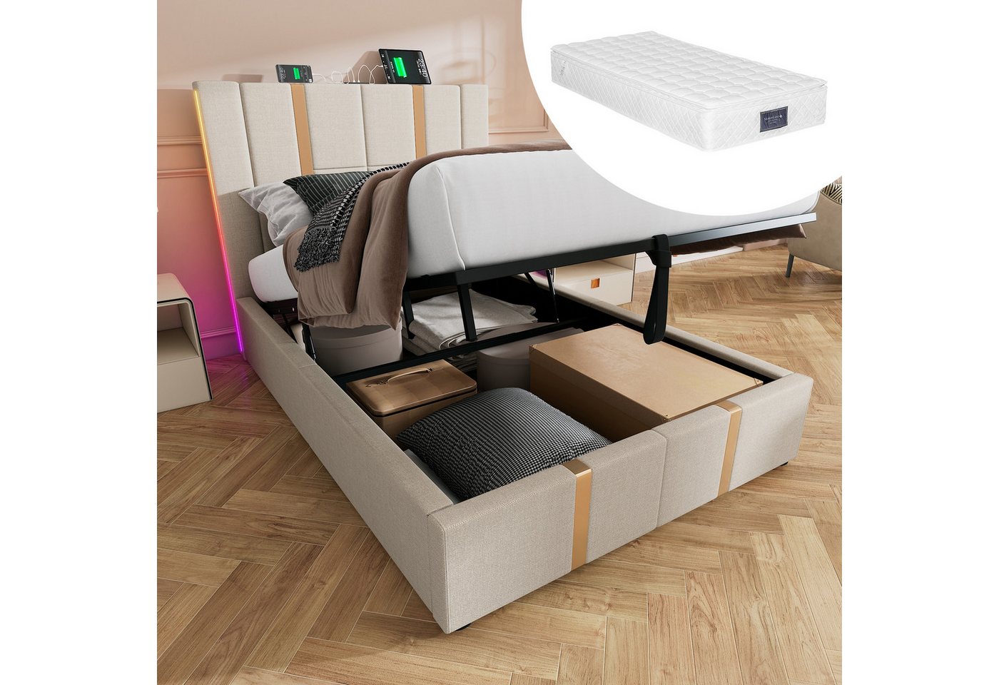 HAUSS SPOLE Polsterbett 90×200 mit Ladefunktion APP-Control LED Beige Leinen (Mit Matratze) (Einzelbett/Doppelbett, Lattenrost aus Holz,Beige Leinenmaterial, 90*200cm, mit Matratz), mit USB Type C Ladefunktion, APP-Control LED von HAUSS SPOLE