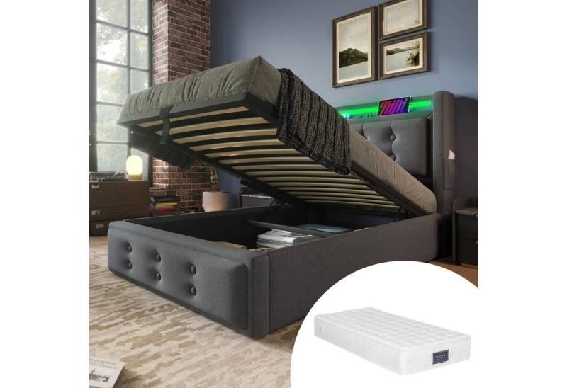 HAUSS SPOLE Polsterbett 90x200 mit Led-Kopfteil, Ladefunktion, mit Matratze Bett Grau (Hydraulisches Bett mit Lattenrost, 2-tlg., 90x200cm, mit Matratze, Grau), mit Led-Kopfteil und USB C Ladefunktion von HAUSS SPOLE