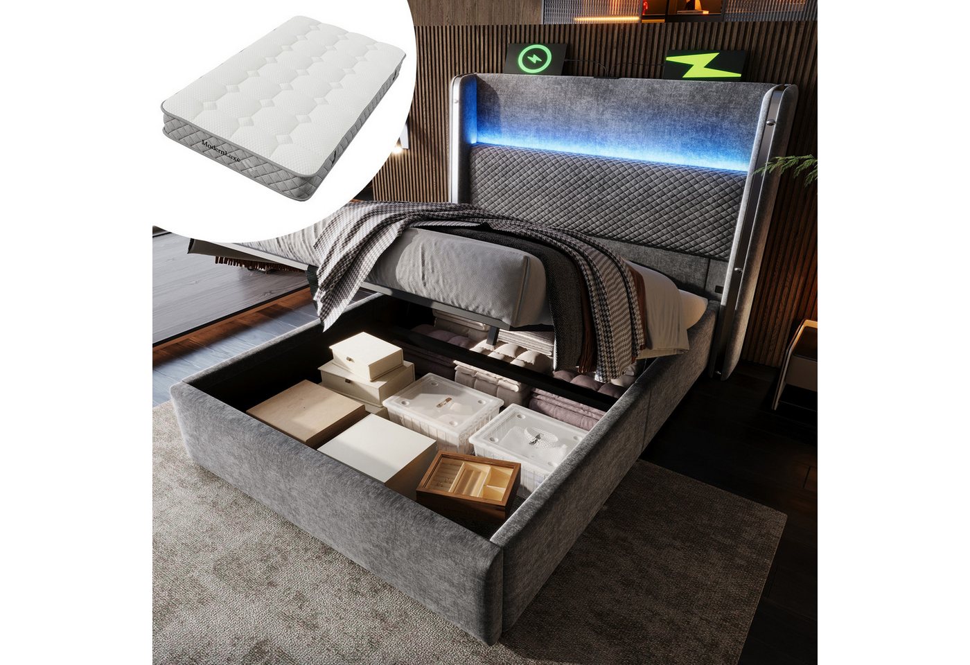 HAUSS SPOLE Polsterbett 90x200 mit Matratze&Bettkasten,Bettgestell Stauraumbett mit LED&USB (2-tlg) von HAUSS SPOLE