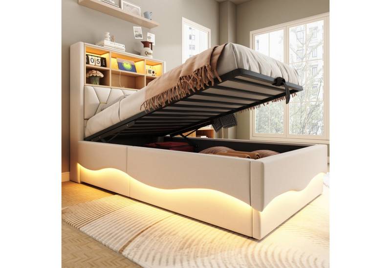 HAUSS SPOLE Polsterbett 90×200 mit hydraulischem Stauraum, LED-Licht, USB-Ladeanschluss Beige (mit Hydraulischem Stauraum, APP-gesteuertes LED-Lichtband, USB-Ladeanschluss, Leinenbezug, Platzsparendes Bett mit Stauraum für Bücher und Bettzeug, 90x200 cm), ohne Matratze von HAUSS SPOLE
