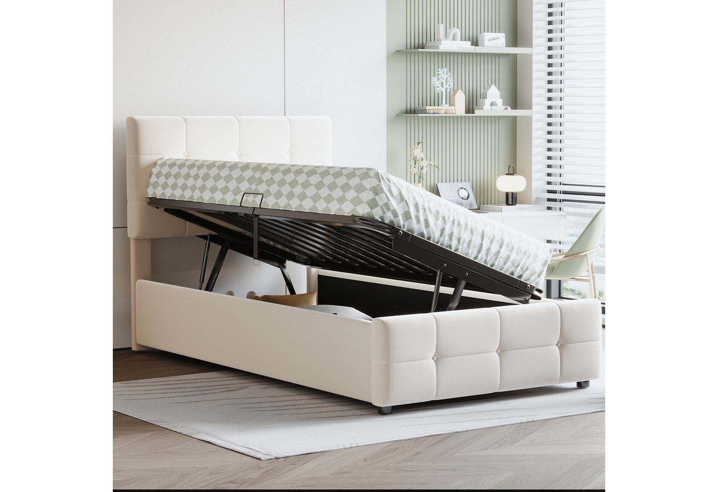 HAUSS SPOLE Polsterbett 90x200cm, Hydraulisches Bett, Höhenverstellbares Kopfteil, Samt, Beige (Hydraulisches Funktionsbett, Höhenverstellbares Kopfteil, Einzel-Hoch Boxbett, Samtstoff, 90x 200 cm), ohne Matratze von HAUSS SPOLE