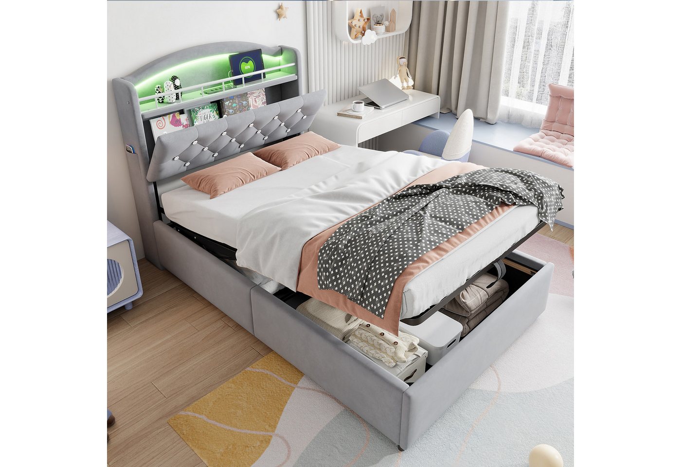 HAUSS SPOLE Polsterbett 90x200cm Kinderbett mit hydraulischem Stauraum, LED und USB Samt Grau von HAUSS SPOLE