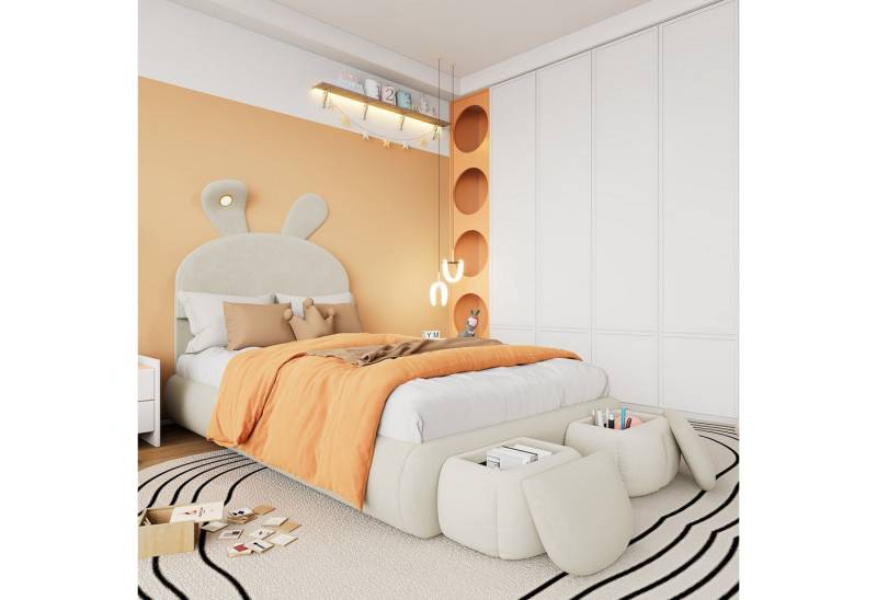 HAUSS SPOLE Polsterbett 90x200cm Kopfteil in Hasenform mit Licht, 2 Hockern, Samt, Beige (Hasenohren mit einstellbarer Helligkeit warmfarbenen Lichtstreifen, mit zwei Aufbewahrungshockern, Kinderbett mit Holzlatten), modernes Design von HAUSS SPOLE