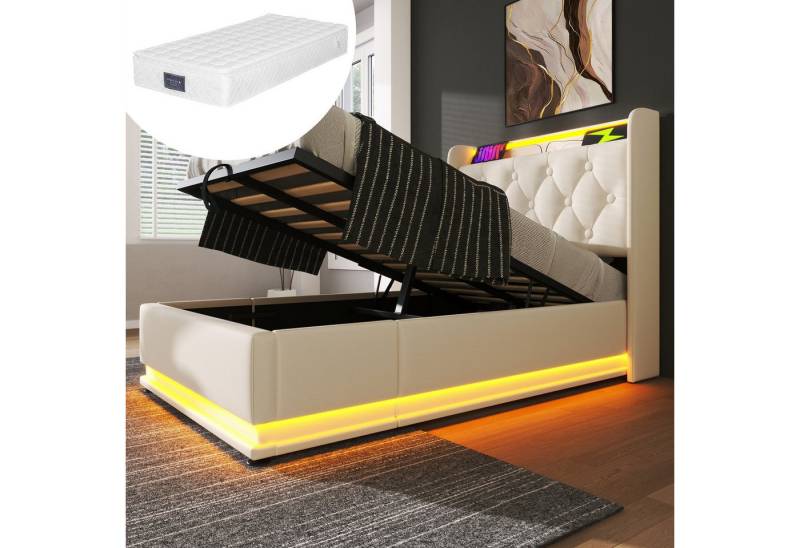 HAUSS SPOLE Polsterbett 90x200cm mit LED-Beleuchtung, Ladefunktion weiß PU mit Matratze (Stauraumbett, Funktionsbett, Lagerbett, mit USB Typ-C Ladefunktion, 90*200cm, mit Matratze), mit 360-Surround-LED-Funktion, Drucktaste/App/Fernbedienung von HAUSS SPOLE