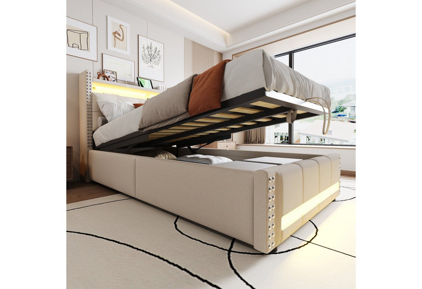 HAUSS SPOLE Polsterbett 90x200cm mit LED-Beleuchtung und USB-Steckdose, Leinenstoff Beige (90x200 cm mit LED-Farbwechsel, USB-Ladeanschluss und hydraulischem Stauraum, für Kinderzimmer und Jugendzimmer), ohne Matratze von HAUSS SPOLE