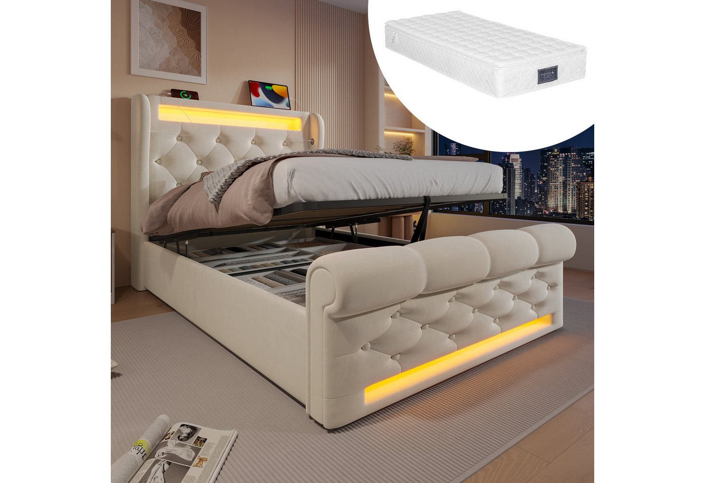 HAUSS SPOLE Polsterbett 90x200cm mit LED-Leuchten, USB- und Typ-C-Anschlüssen, Beige, Samt (Funktionsbett, 90x200cm, mit Matratze (H25cm), mit USB- und Typ-C-Anschlüssen, LED-Leuchten von HAUSS SPOLE