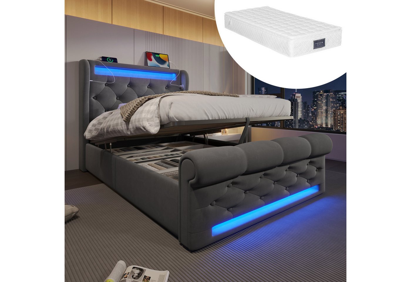 HAUSS SPOLE Polsterbett 90x200cm mit LED-Leuchten, USB- und Typ-C-Anschlüssen, Grau, Samt (Funktionsbett, 90x200cm, mit Matratze (H25cm), mit USB- und Typ-C-Anschlüssen, LED-Leuchten von HAUSS SPOLE