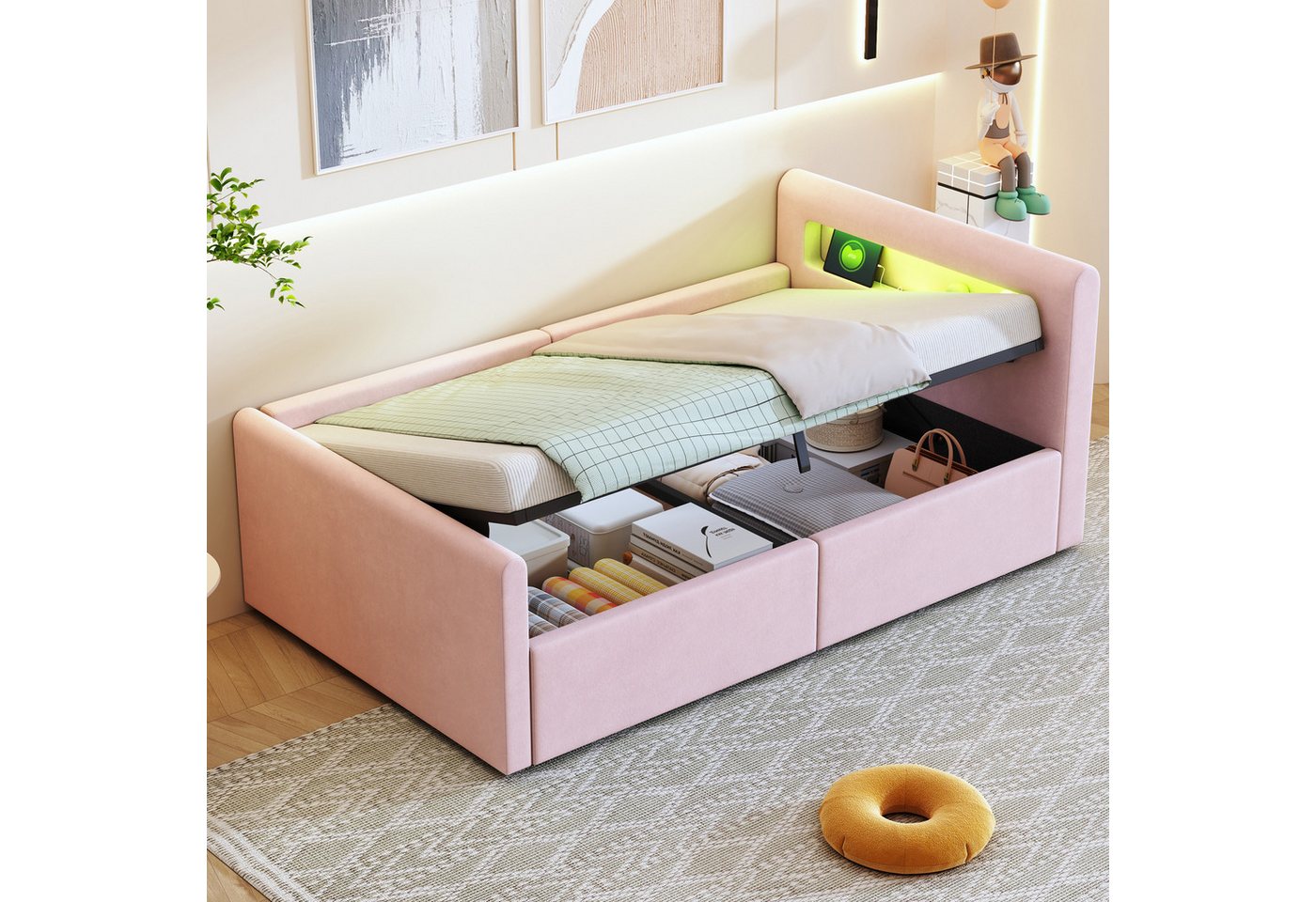 HAUSS SPOLE Polsterbett 90x200cm mit LED-Licht, Nachtlicht und USB-Ladeanschluss, Rosa (mit LED-Licht, USB-Ladeanschluss & Hydraulischem Stauraum, Samtstoff, Verstellbare Rückenlehnen, mit Regal und Nachtlicht, 90x200 cm), ohne Matratze HAUSS SPOLE Polsterbett 90x200cm mit LED-Licht, Nachtlicht und USB-Ladeanschluss, Rosa (mit LED-Licht, USB-Ladeanschluss & Hydraulischem Stauraum, Samtstoff, Verstellbare Rückenlehnen, mit Regal und Nachtlicht, 90x200 cm), ohne Matratze von HAUSS SPOLE