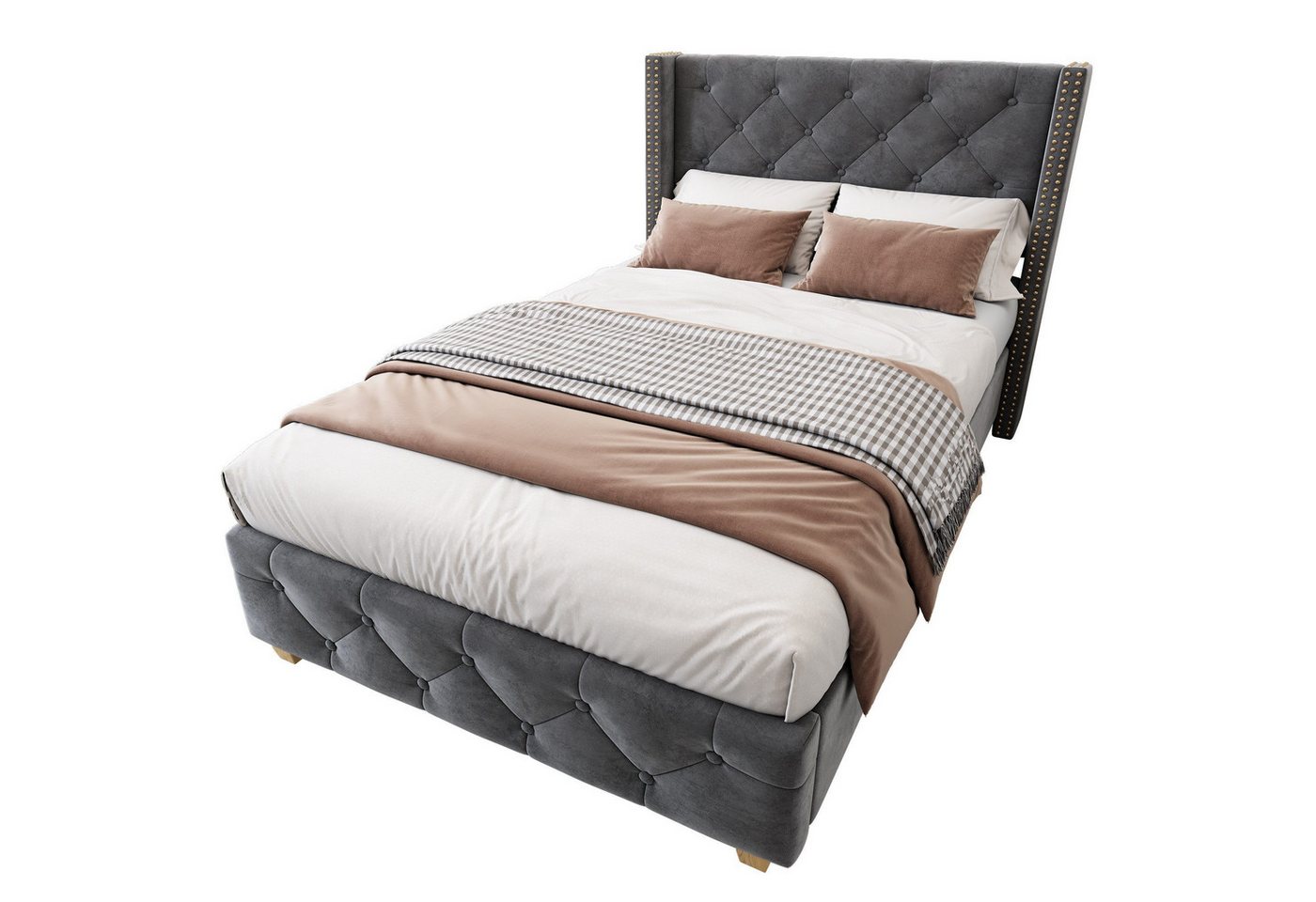 HAUSS SPOLE Polsterbett 90x200cm mit Lattenrost und Kopfteil, Nietenpolsterung, Samt, Grau (90 x 200 cm) von HAUSS SPOLE