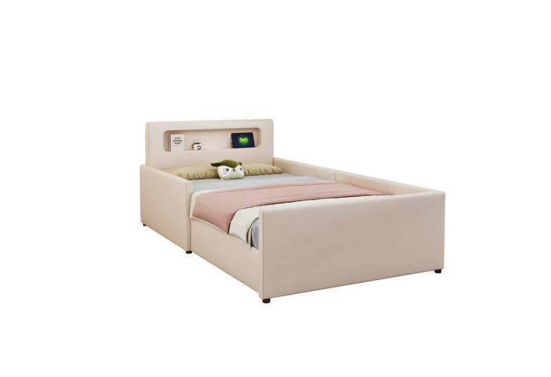 HAUSS SPOLE Polsterbett 90x200cm mit Nachtlicht und USB-Ladeanschluss, Ablagefächern, Beige (Mit Nachtlicht und USB-Ladeanschluss, Mit Ablagefächern, Erhöhte Seitenteile zur Sicherheit, Einfaches Einzelbett, Jungen- und Mädchenbett, 90x200cm), ohne Matratze von HAUSS SPOLE