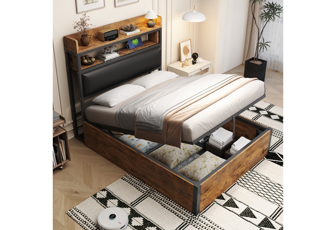 HAUSS SPOLE Polsterbett 90x200cm mit hydraulischem Hubmechanismus, USB, Stauraum Schwarz (mit hydraulischem Stauraum, USB-Anschlüssen, gepolstertem Kopfteil und Retro-Design aus Holz & Metall, ideal für moderne Schlafzimmer und Apartments 90x200 cm), ohne Matratze HAUSS SPOLE Polsterbett 90x200cm mit hydraulischem Hubmechanismus, USB, Stauraum Schwarz (mit hydraulischem Stauraum, USB-Anschlüssen, gepolstertem Kopfteil und Retro-Design aus Holz & Metall, ideal für moderne Schlafzimmer und Apartments 90x200 cm), ohne Matratze von HAUSS SPOLE