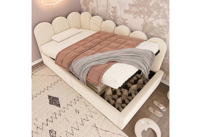 HAUSS SPOLE Polsterbett Daybett 90x200 cm mit hydraulischem Stauraum, Beige, mit Matratze (2-tlg) von HAUSS SPOLE