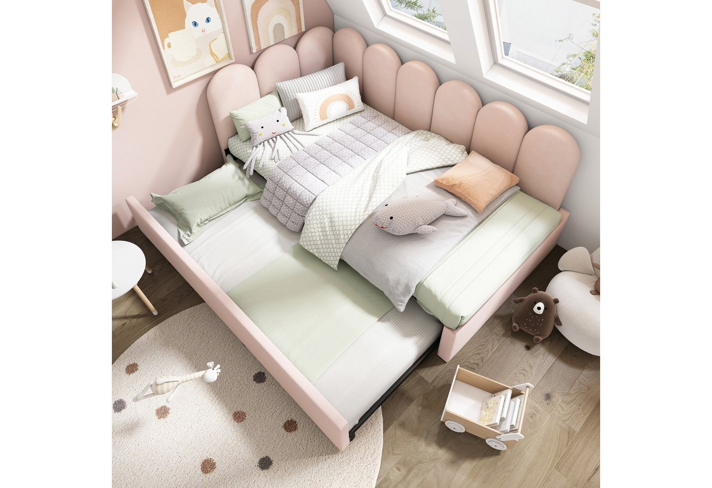 HAUSS SPOLE Polsterbett Daybett 90x200cm mit Ausziehbett 90x190cm, Samt, Rosa, ohne Matratze (Tagesbett, Schlafsofa, Daybett, 1-tlg., 90x200cm+90x190cm, ohne Matratze), mit Ausziehbett von HAUSS SPOLE
