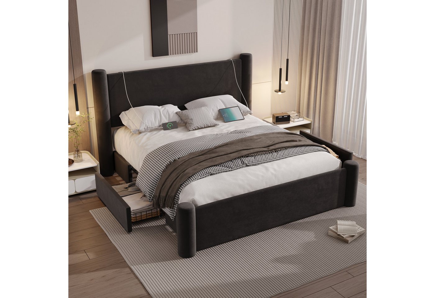 HAUSS SPOLE Polsterbett Doppelbett Bettgestell Jugendbett Stauraumbett,140×200cm, Schwarz (2 Stauraumschubladen und integrierte USB-Anschlüsse, 3D-Säulen-Design,dick gepolsterte Kopfteil,Stabile Stützsäulen), für praktischen Komfort und Stil im Schlafzimmer, Ohne Matraze HAUSS SPOLE Polsterbett Doppelbett Bettgestell Jugendbett Stauraumbett,140×200cm, Schwarz (2 Stauraumschubladen und integrierte USB-Anschlüsse, 3D-Säulen-Design,dick gepolsterte Kopfteil,Stabile Stützsäulen), für praktischen Komfort und Stil im Schlafzimmer, Ohne Matraze von HAUSS SPOLE
