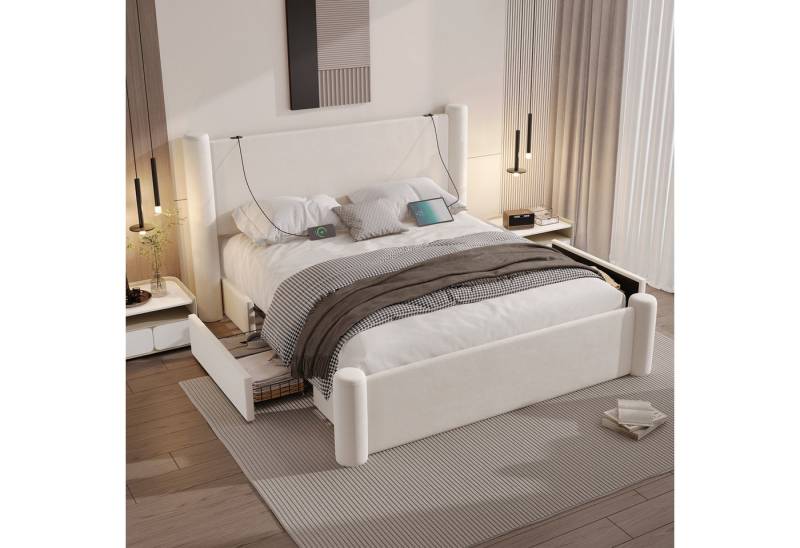 HAUSS SPOLE Polsterbett Doppelbett Bettgestell Jugendbett Stauraumbett,160×200cm, Beige (2 Stauraumschubladen und integrierte USB-Anschlüsse, 3D-Säulen-Design,dick gepolsterte Kopfteil,Stabile Stützsäulen), für praktischen Komfort und Stil im Schlafzimmer, Ohne Matraze HAUSS SPOLE Polsterbett Doppelbett Bettgestell Jugendbett Stauraumbett,160×200cm, Beige (2 Stauraumschubladen und integrierte USB-Anschlüsse, 3D-Säulen-Design,dick gepolsterte Kopfteil,Stabile Stützsäulen), für praktischen Komfort und Stil im Schlafzimmer, Ohne Matraze von HAUSS SPOLE