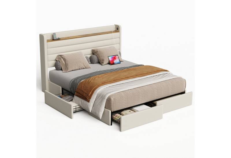 HAUSS SPOLE Polsterbett Doppelbett Bettgestell Jugendbett Stauraumbett mit USB,140×200cm, Beige (4 Stauraumschubladen und integrierte USB-Anschlüsse,dick gepolsterte Kopfteil,Stabiler Rahmen), für praktischen Komfort und Stil im Schlafzimmer, Ohne Matraze von HAUSS SPOLE