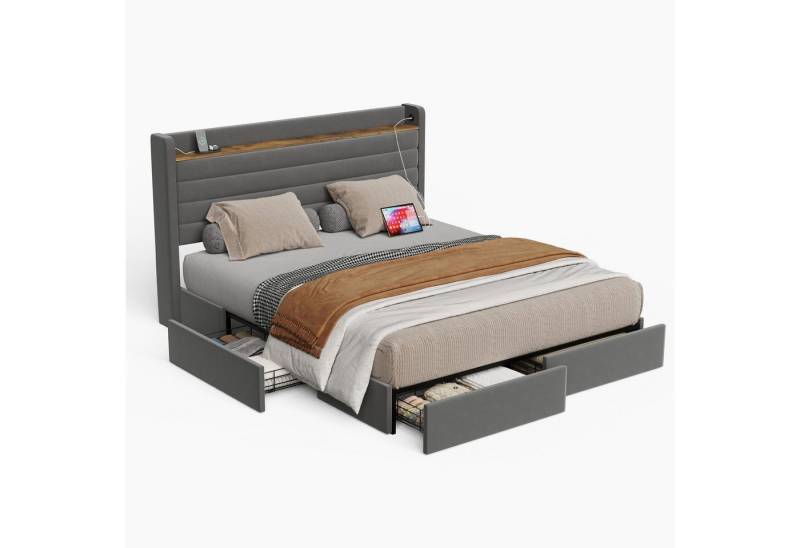 HAUSS SPOLE Polsterbett Doppelbett Bettgestell Jugendbett Stauraumbett mit USB,160×200cm, Grau (4 Stauraumschubladen und integrierte USB-Anschlüsse,dick gepolsterte Kopfteil,Stabiler Rahmen), für praktischen Komfort und Stil im Schlafzimmer, Ohne Matraze von HAUSS SPOLE