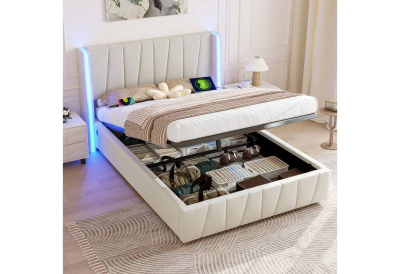 HAUSS SPOLE Polsterbett Doppelbett Bettgestell Jugendbett Stauraumbett mit USB (Begestell mit USB-Anschluss & LED-Beleuchtung, mit Hydraulisch anhebbarer Bettstauraum, weich breit Kopfteil Polsterung aus Schaum), 160x200 cm,  Samtstoff, Ohne Matratze, Beige von HAUSS SPOLE