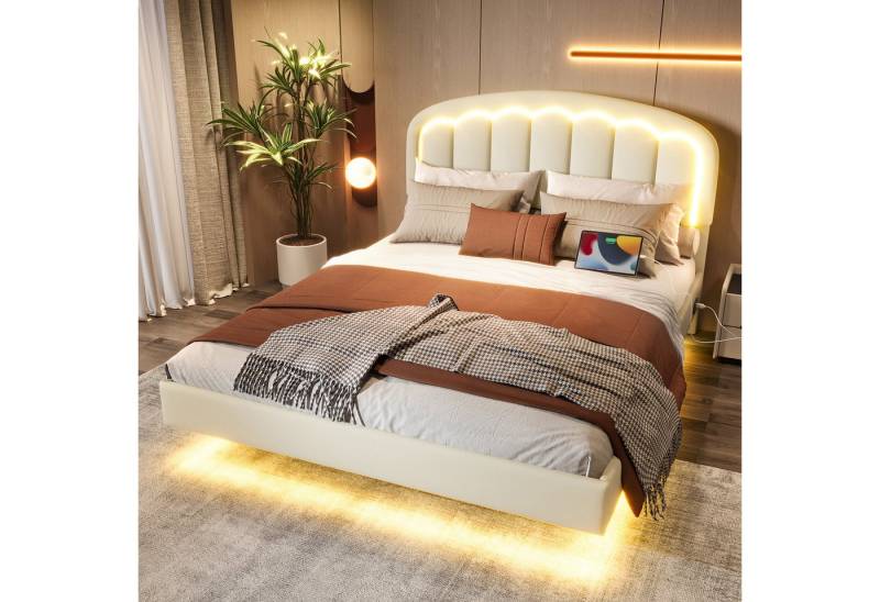 HAUSS SPOLE Polsterbett Doppelbett Bettgestell Jugendbett mit LED, schwebendem Design, 140×200cm (Begestell mit USB-Anschluss & LED-Beleuchtung,Blumenblatt-Kopfteil, Robustes Metallgestell & praktischer Stauraum unter dem Bett), 140x200 cm, PU Leder, Ohne Matratze, Weiß von HAUSS SPOLE