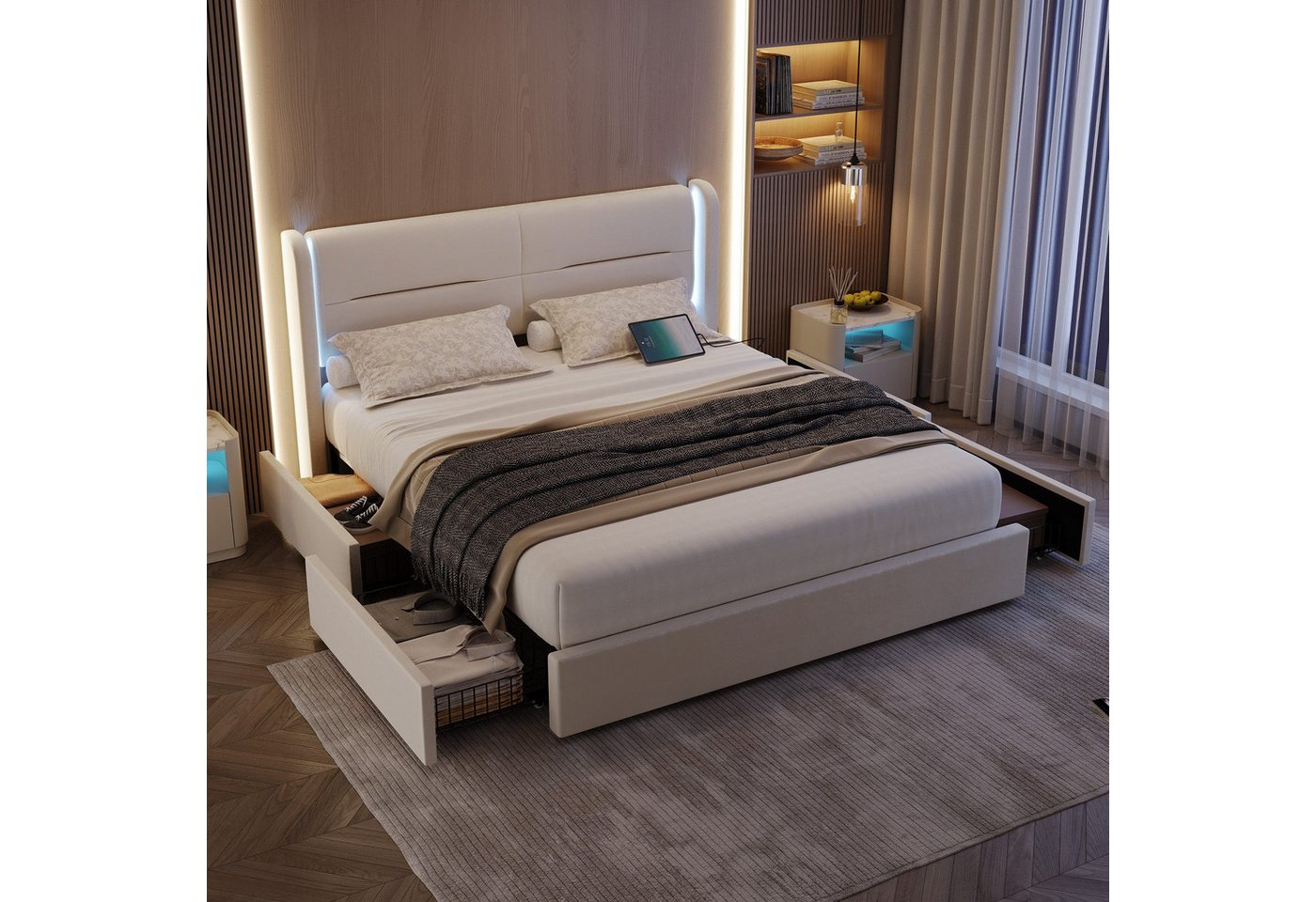 HAUSS SPOLE Polsterbett Doppelbett Jugendbett mit Schubladen & USB-Anschlus (4 Stauraumschubladen,LED-Beleuchtung & integrierte USB-Anschlüsse, dick gepolsterte Kopfteil,Stabiler Rahmen), für praktischen Komfort und Stil im Schlafzimmer, Ohne Matraze von HAUSS SPOLE