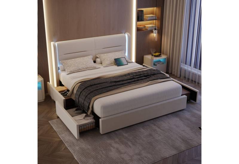 HAUSS SPOLE Polsterbett Doppelbett Jugendbett mit Schubladen & USB-Anschlus (4 Stauraumschubladen,LED-Beleuchtung & integrierte USB-Anschlüsse, dick gepolsterte Kopfteil,Stabiler Rahmen), für praktischen Komfort und Stil im Schlafzimmer, Ohne Matraze von HAUSS SPOLE