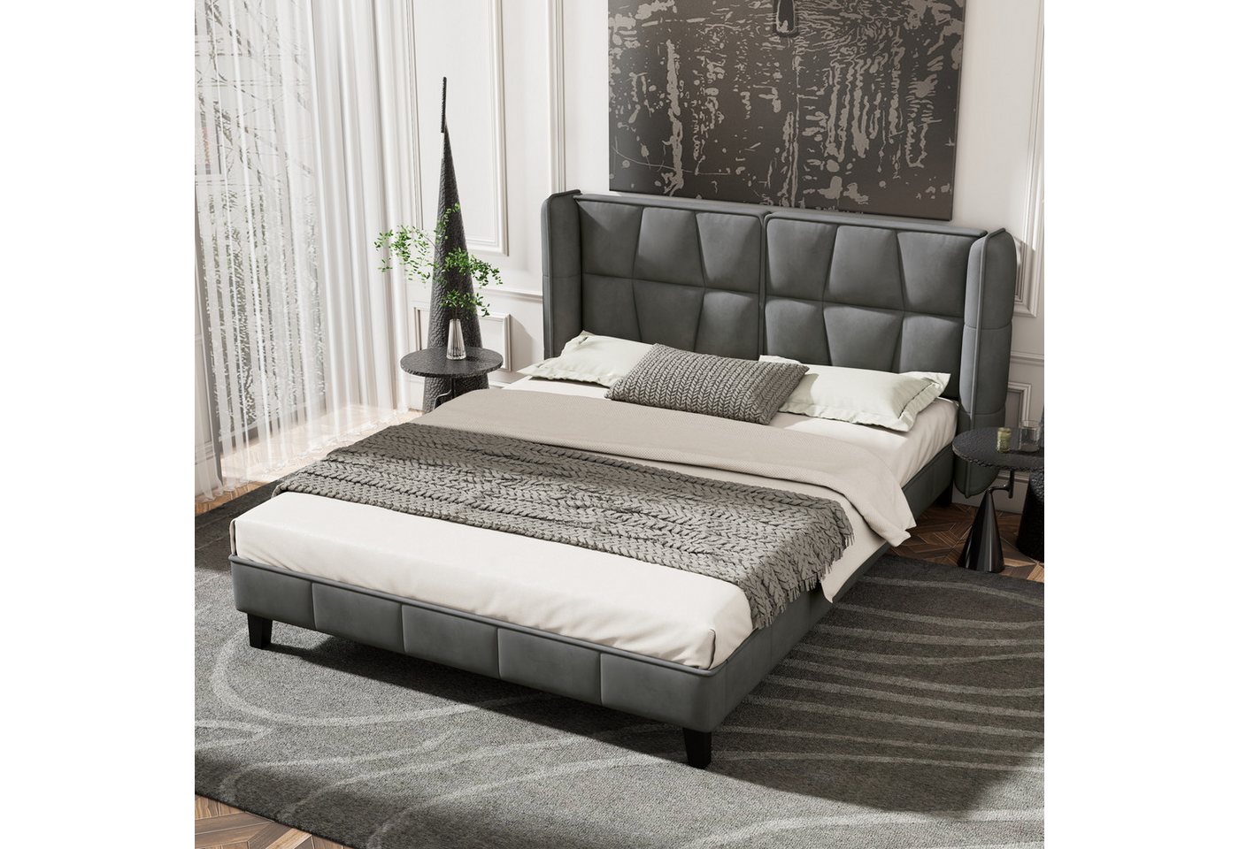 HAUSS SPOLE Polsterbett Jugendbett Doppelbett Bettrahmen Bettgestelle (Optimale Stützkraft, Holzlattenunterstützung, Einfache Montage Samt, grau), Stabile Struktur von HAUSS SPOLE