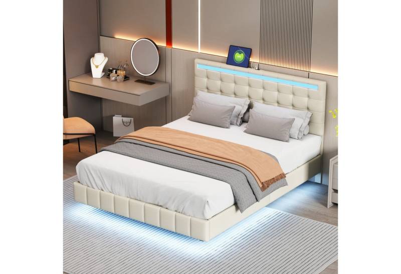 HAUSS SPOLE Polsterbett Polsterbett Doppelbett Funktionsbett Bettrahmen (hautfreundlichem Leinen Beige 140 x 200 cm, gepolsterter Schwebebettrahmen mit LED-Leuchten und Kopfteildesign), hautfreundlichem Leinen Beige von HAUSS SPOLE