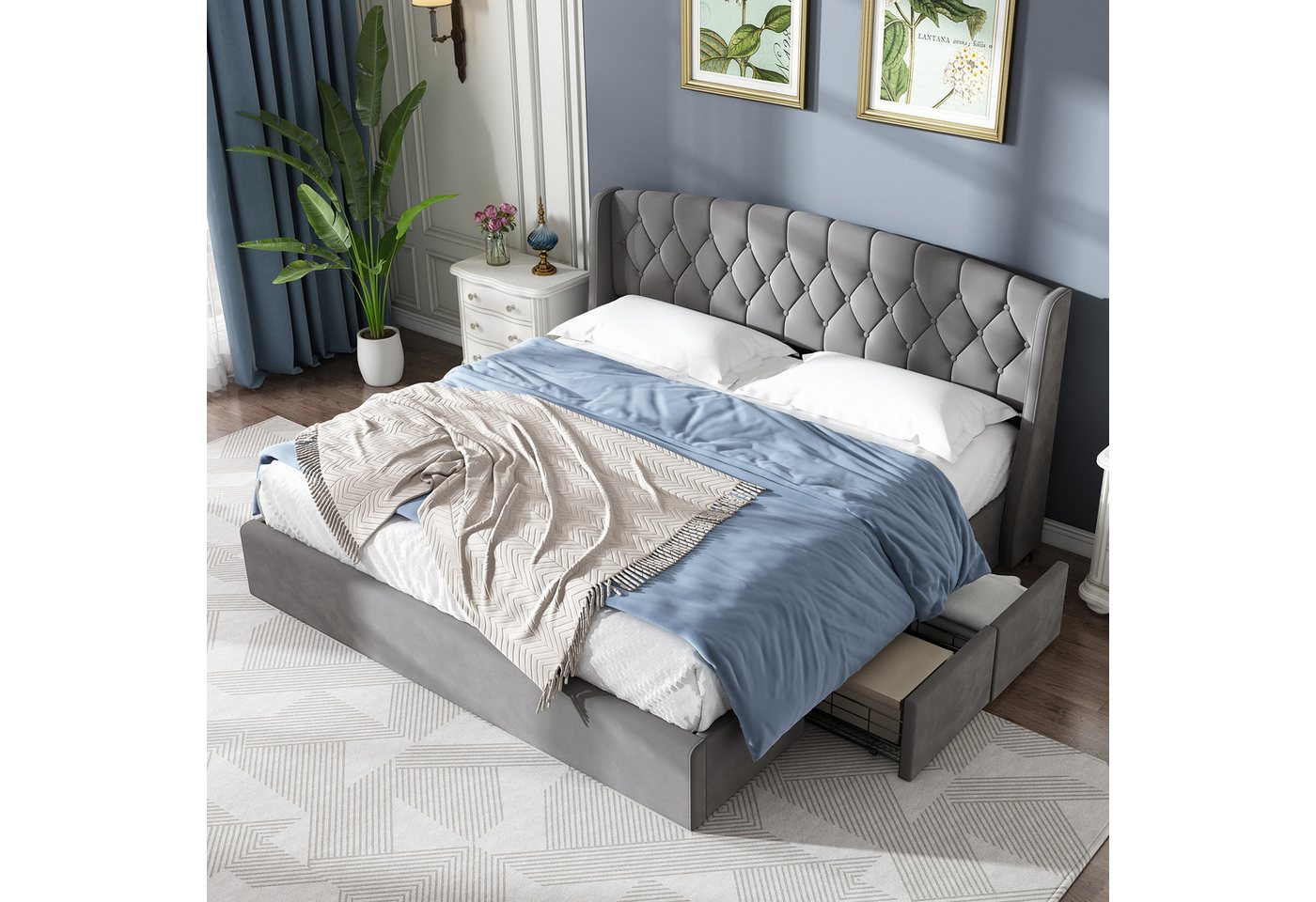 HAUSS SPOLE Polsterbett Polsterbett Doppelbett Funktionsbett Bettrahmen mit Schubladen (180 x 200 cm grau), mit Lattenrost und 4 Bettschubkästen von HAUSS SPOLE