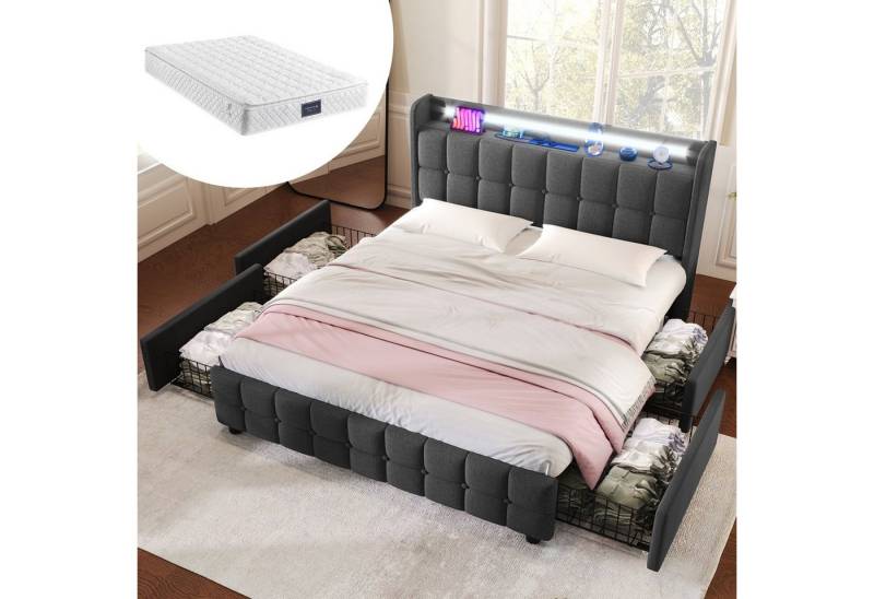 HAUSS SPOLE Polsterbett Polsterbett Doppelbett Funktionsbett Bettrahmen mit Schubladen (mit aufladen USB Ladefunktion LED-Beleuchtung und 4 Schubladen, 160 x 200 cm Inklusive Matratze) von HAUSS SPOLE