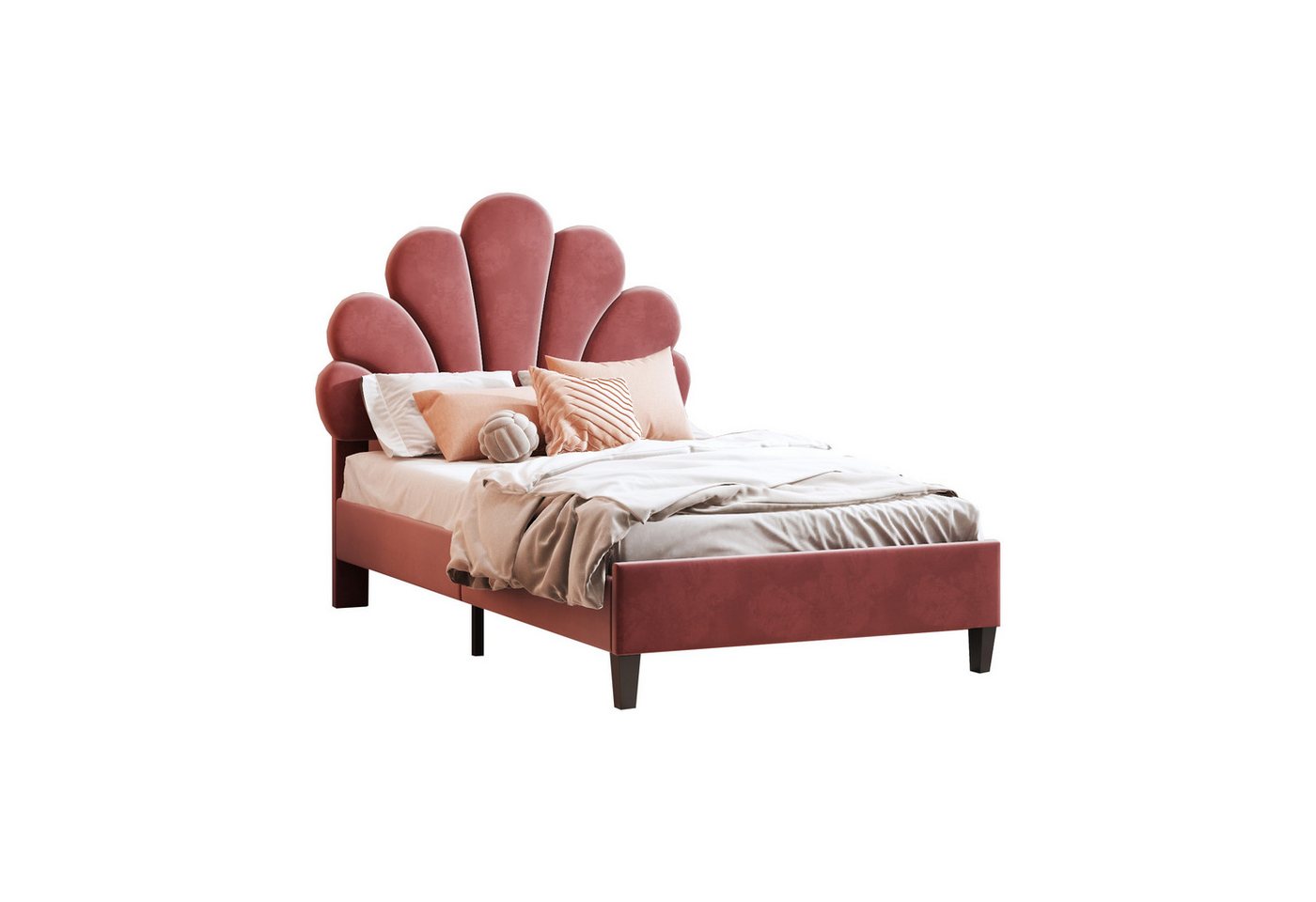 HAUSS SPOLE Polsterbett Polsterbett Einzelbett Bettrahmen KInderbett (mit Kopfteil in Blumenform und Lattenrost, hautfreundlichem Samtstoff), Ohne Matratze von HAUSS SPOLE
