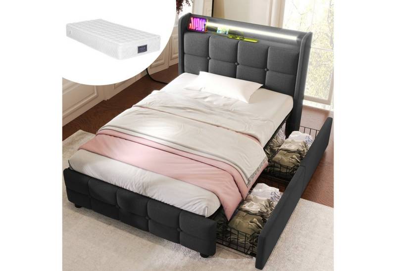 HAUSS SPOLE Polsterbett Polsterbett Einzelbett Funktionsbett Bettrahmen mit Schubladen (mit aufladen USB Ladefunktion LED-Beleuchtung und 2 Schubladen, 90 x 200 cm Inklusive-Matratze) von HAUSS SPOLE