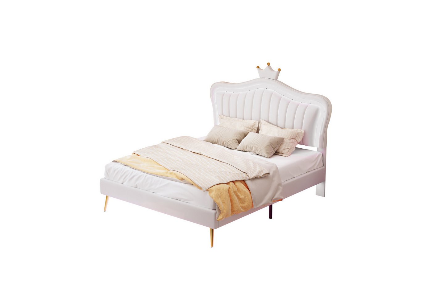 HAUSS SPOLE Polsterbett Polsterbett Funktionsbett Bettrahmen KInderbett (Bettgestell für Mädchen, weißes Kronen-Doppelbettgestell aus Leder, mit LED-Leuchten, Lattenrost und Rückenlehne 140 x 200 cm) von HAUSS SPOLE