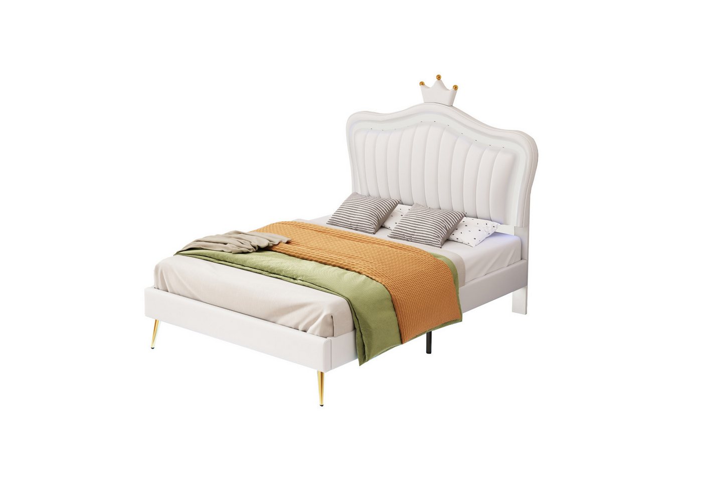 HAUSS SPOLE Polsterbett Polsterbett Funktionsbett Bettrahmen KInderbett (Bettgestell für Mädchen, weißes Kronen-Doppelbettgestell aus Leder, mit LED-Leuchten, Lattenrost und Rückenlehne 90 x 200 cm) von HAUSS SPOLE