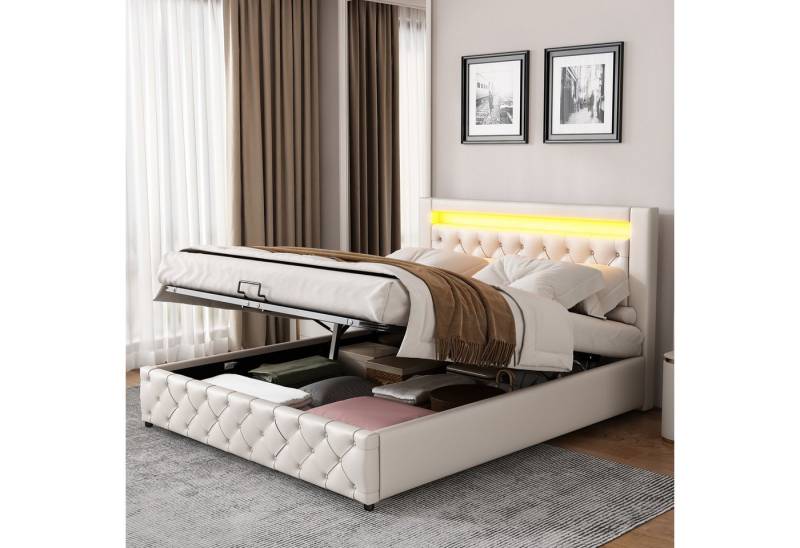 HAUSS SPOLE Polsterbett Polsterbett Funktionsbett Doppelbett Bettrahmen Bettgestelle (140 x 200 cm ohne Matratze), Funktionsbett mit Lattenrost und Stauraum, LED-Beleuchtung von HAUSS SPOLE