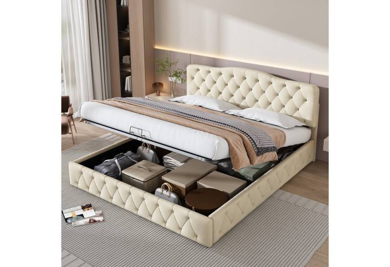 HAUSS SPOLE Polsterbett Polsterbett Jugendbett Stauraumbett Doppelbett GroßesBett (mit Lattenrost und höhenverstellbares Kopfteil, Holzlattenunterstützung), Samt, Beige von HAUSS SPOLE