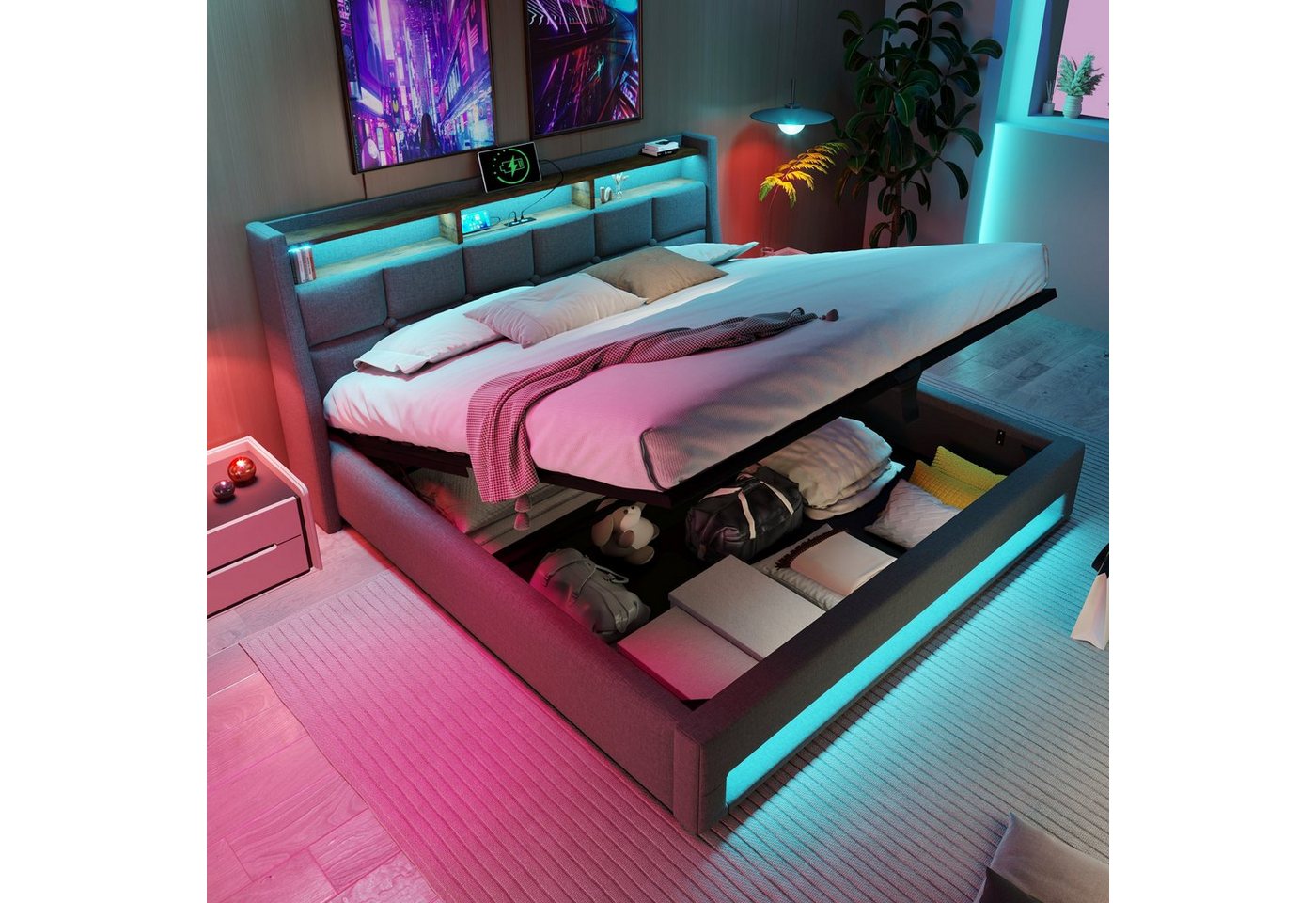 HAUSS SPOLE Polsterbett Polsterbett hydraulisches Doppelbett Funktionsbett Bettrahmen (LED Doppelbett Jugendbett mit USB/Typ-C Ladeanschluss), Lagerung von HAUSS SPOLE