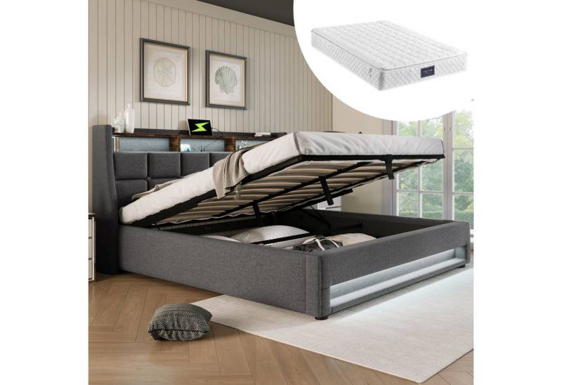 HAUSS SPOLE Polsterbett Polsterbett hydraulisches Doppelbett Funktionsbett Bettrahmen (LED Doppelbett Jugendbett mit USB/Typ-C Ladeanschluss), Lagerung von HAUSS SPOLE