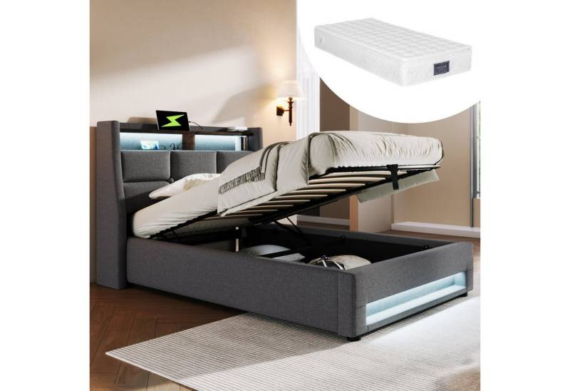 HAUSS SPOLE Polsterbett Polsterbett hydraulisches Einzelbett Funktionsbett Bettrahmen (LED Doppelbett Jugendbett mit USB/Typ-C Ladeanschluss), Lagerung von HAUSS SPOLE