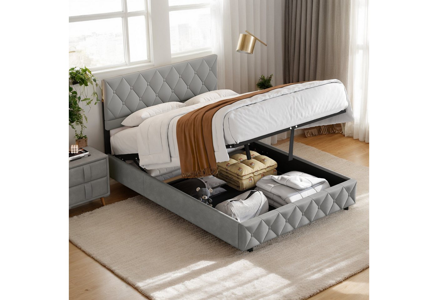 HAUSS SPOLE Polsterbett mit Bettkasten,hydraulische Funktionsbett Stauraumbett (Strapazierfähig und schmutzabweisend,elastische Polsterung, 140 x 200 cm mit Lattenrost ohne Matratze), Lattenrost, schlichtes Design von HAUSS SPOLE