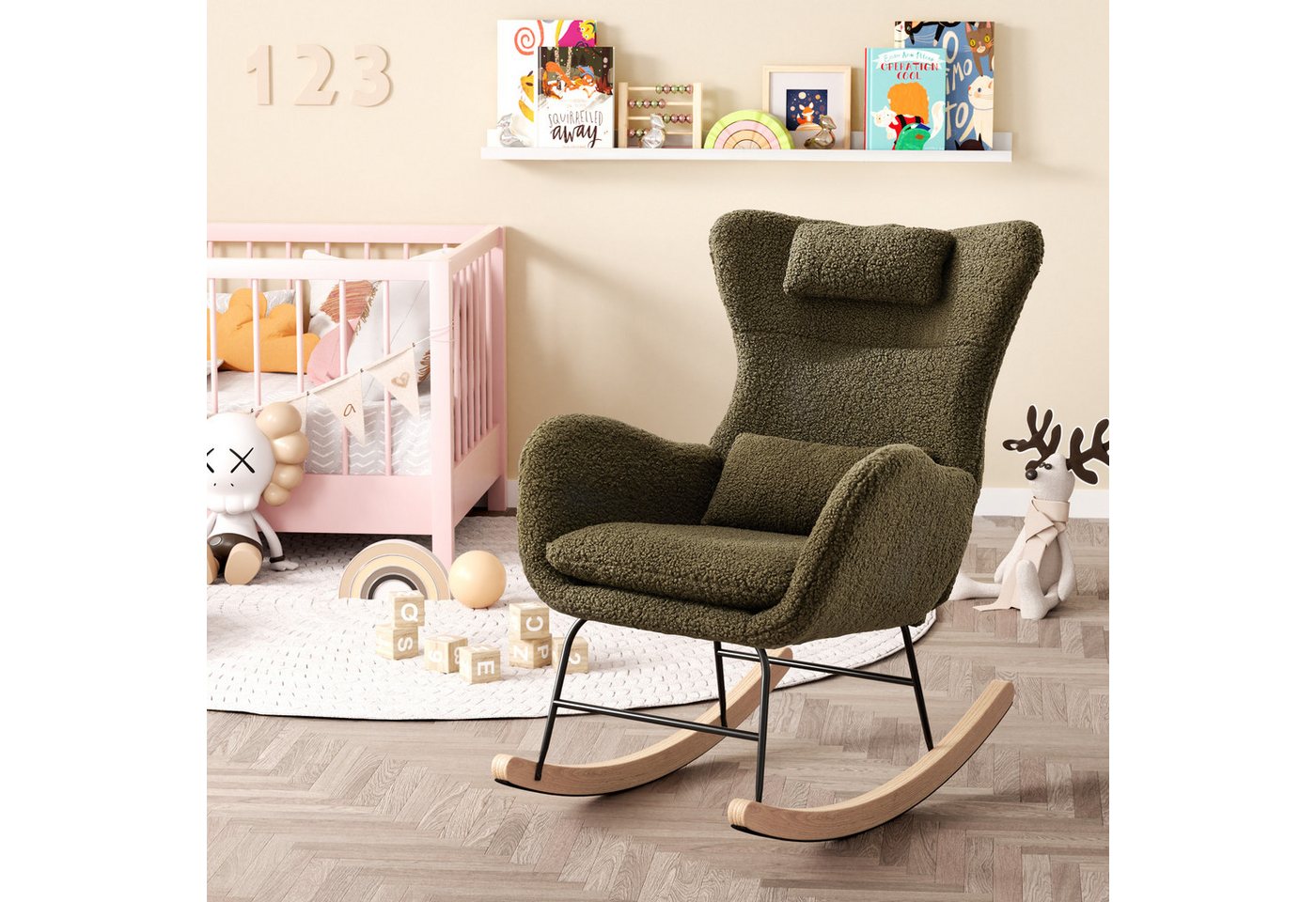 HAUSS SPOLE Schaukelstuhl Relaxsessel Polsterstuhl mit Kopfstütze, Lendenkisse und Seitentaschen (Schaukelstuhl mit hoher Rückenlehne), Kopfstütze und Lendenkissen Teddyplüsch von HAUSS SPOLE