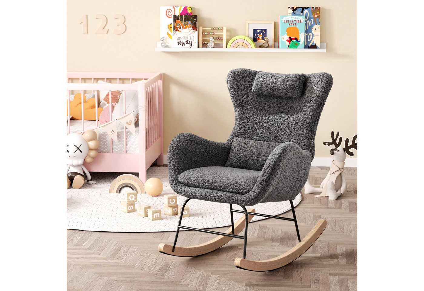 HAUSS SPOLE Schaukelstuhl Relaxsessel Polsterstuhl mit Kopfstütze, Lendenkisse und Seitentaschen (Schaukelstuhl mit hoher Rückenlehne), Kopfstütze und Lendenkissen Teddyplüsch von HAUSS SPOLE